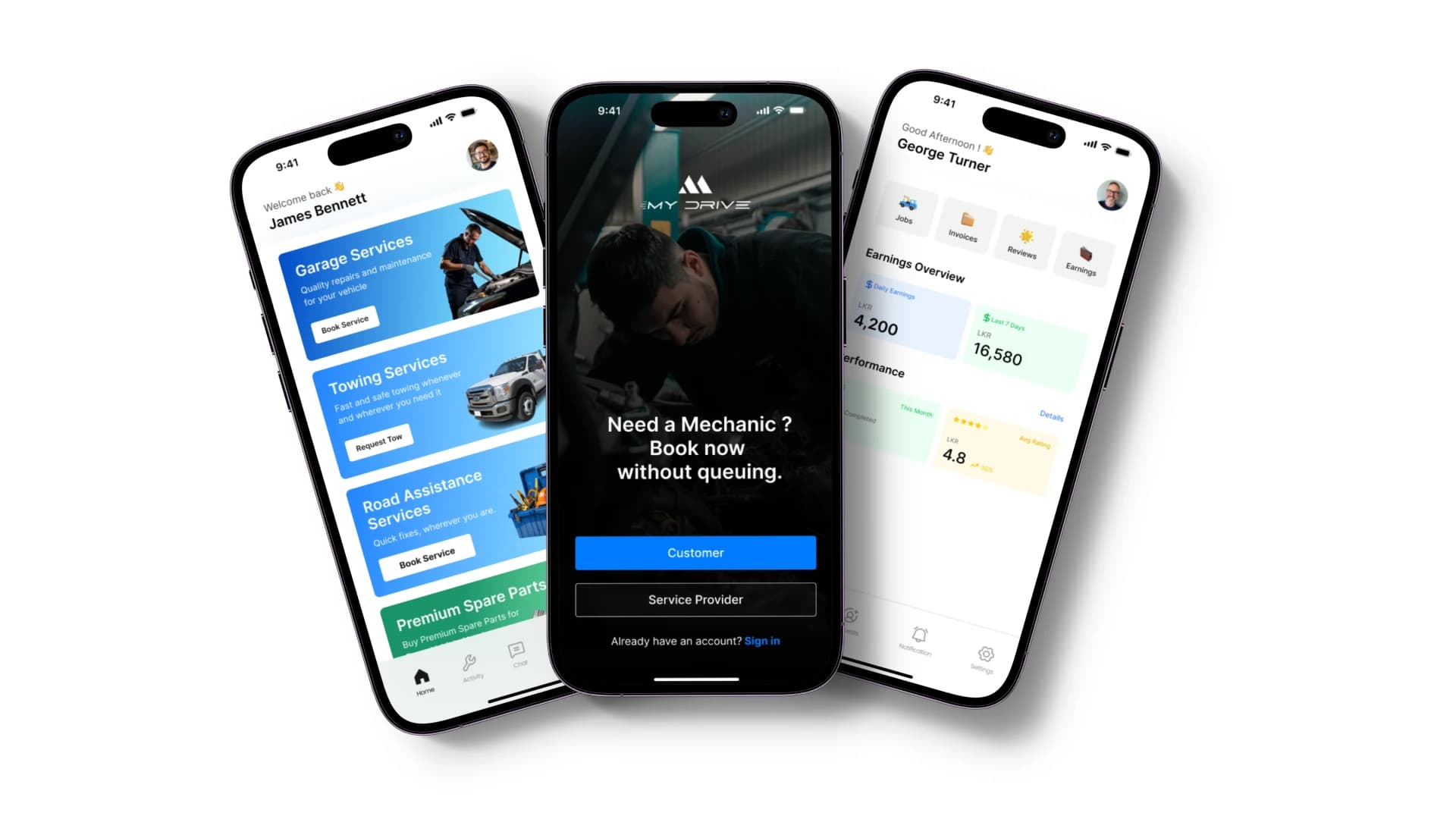 MyDrive mobile vehicle assistance app screens