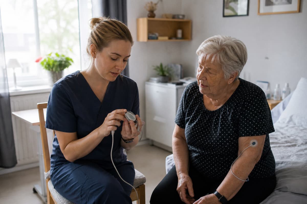 Healthcare professional reviewing a remote care monitoring device with an older patient
