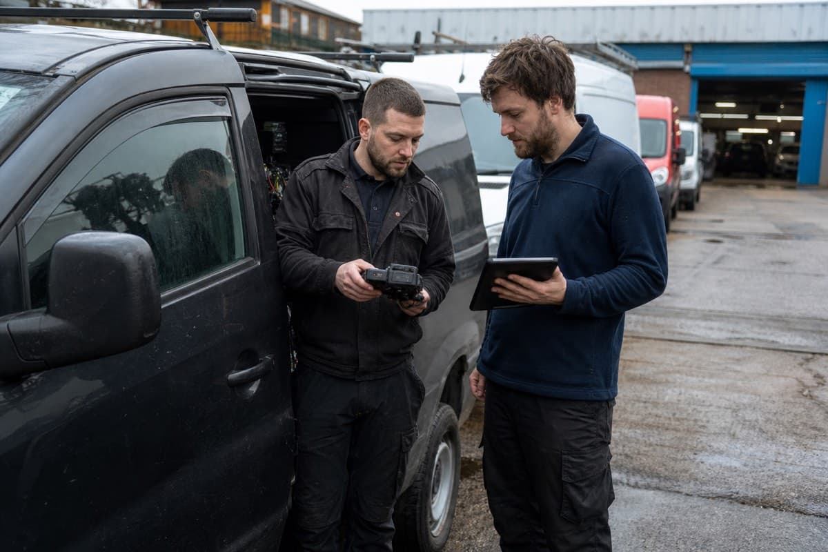 Fleet technicians reviewing vehicle telematics at a service depot