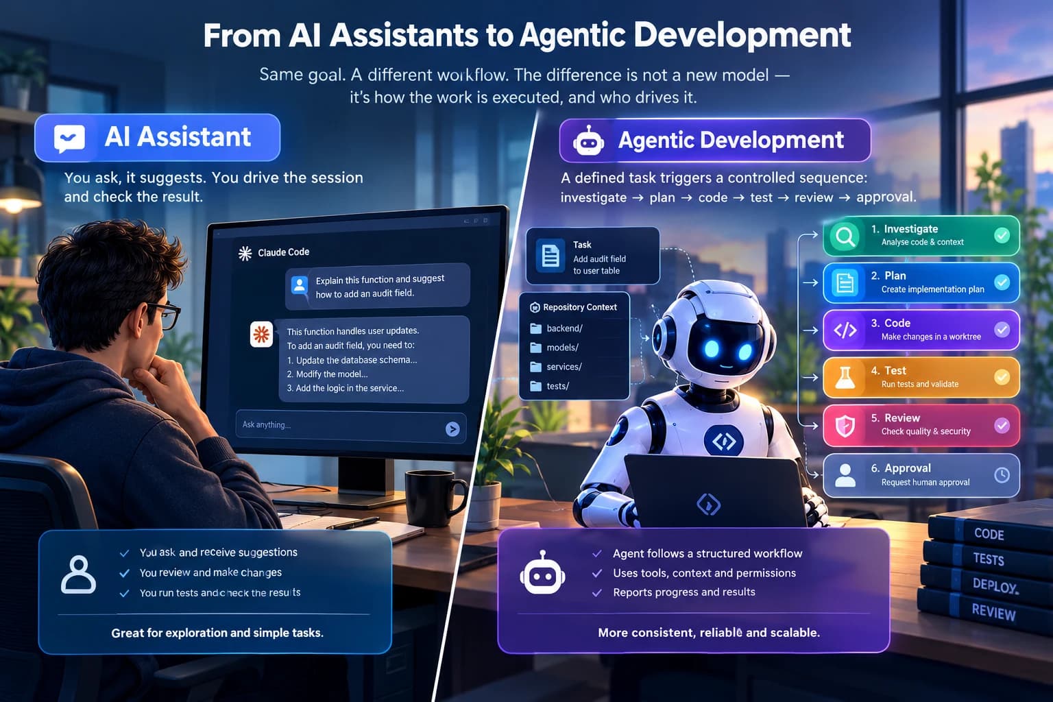 A comparison of AI coding assistance and an agentic workflow for investigation, planning, implementation, testing, review, and approval