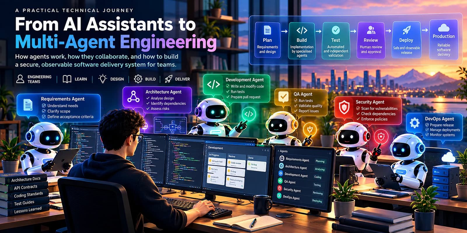 An engineer working with specialised requirements, architecture, development, QA, security, and DevOps agents across the software delivery lifecycle