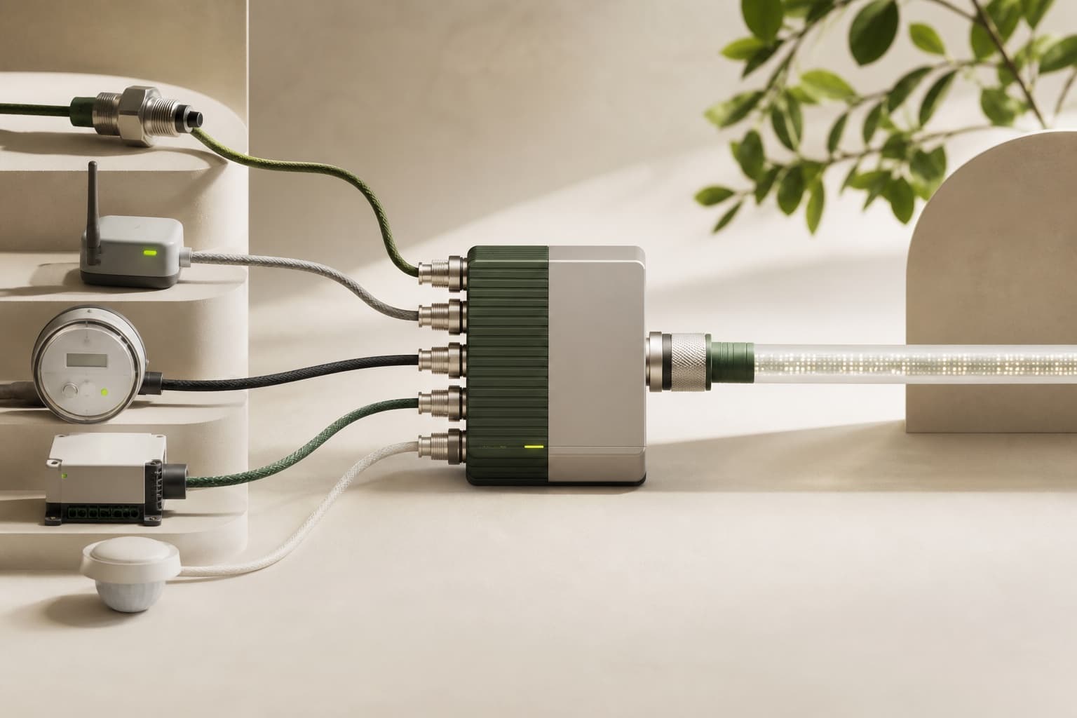Different sensors and controllers feeding into one integration module and emerging as a unified data stream