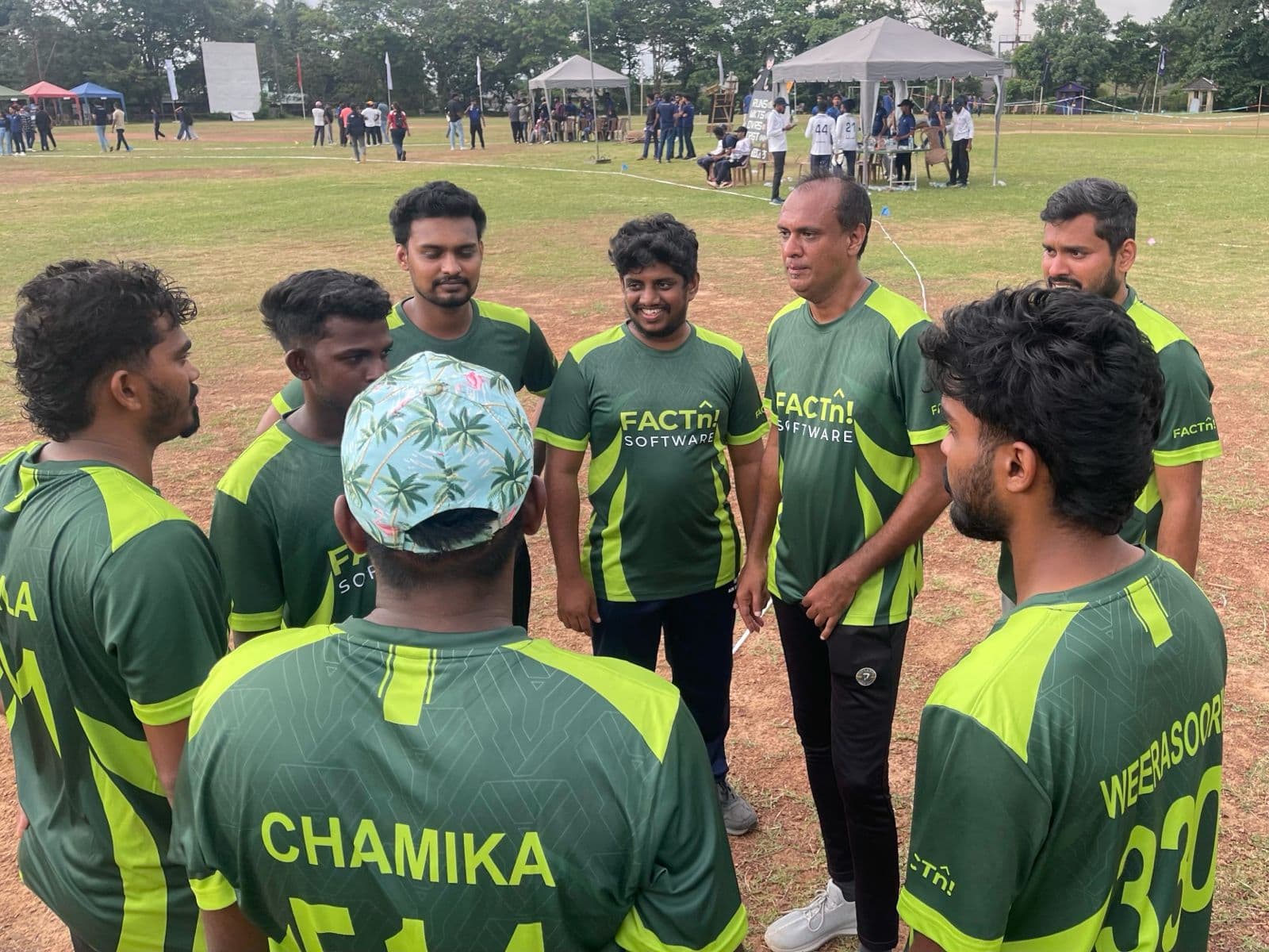 FACTn cricket team gathered for a team talk at Fit Sixes